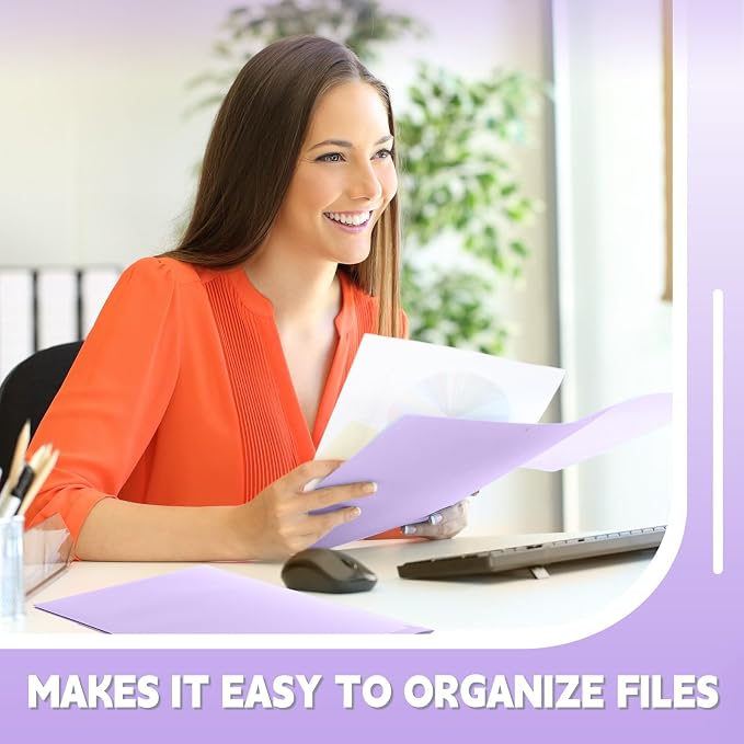 Gueevin 100 Pack Plastic Folder with Pockets, 2 Pocket Folders, Plastic Glossy Folders Fit Letter Size Paper, Heavy Duty Durable File Folder with Business Card for Home Office School (Light Purple)