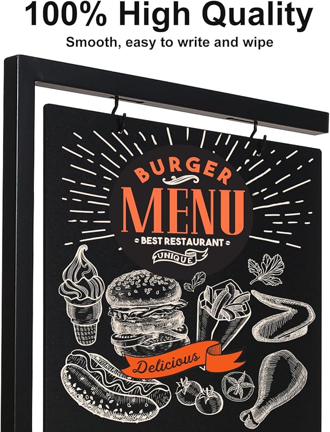 Pubell Chalkboard Signs with Stand, 43" x 18" Black Metal Easel, Double-Sided Hanging Outdoor Chalkboard Sign for Cafe Bar, Bistro, Florist, or Wedding