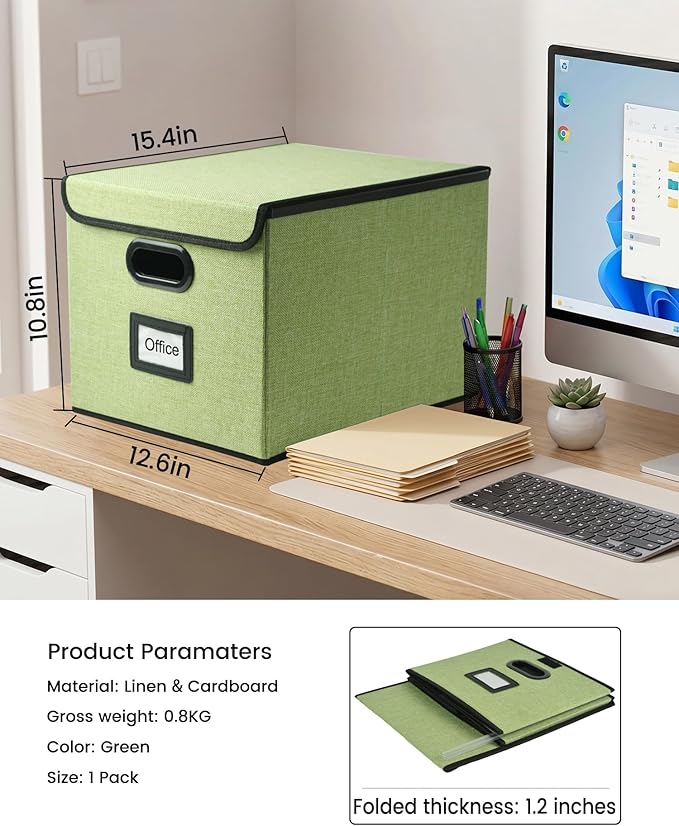 Qerlei File Organizer Boxes with Lids,Collapsible File Folder Organizer with Plastic Slide,Collapsible Filing & Storage Boxes for Office/Decor/Home (Green, 1 Pack)