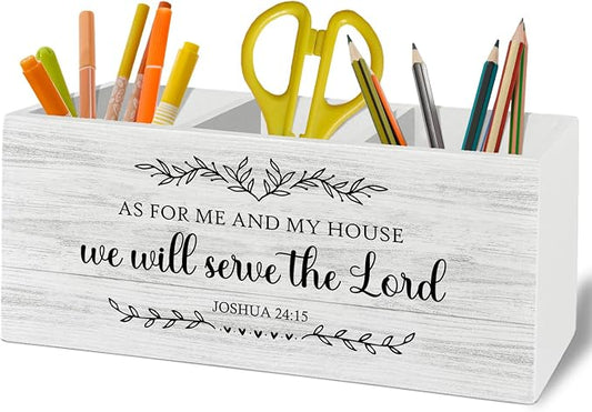 Christian Gifts for Women Men, Christian Pen Pencil Holder Organizer for Desk Accessories, Joshua 24:15 Bible Verse Scripture Wooden Box Sign Desk Decor for Home Office Decoration