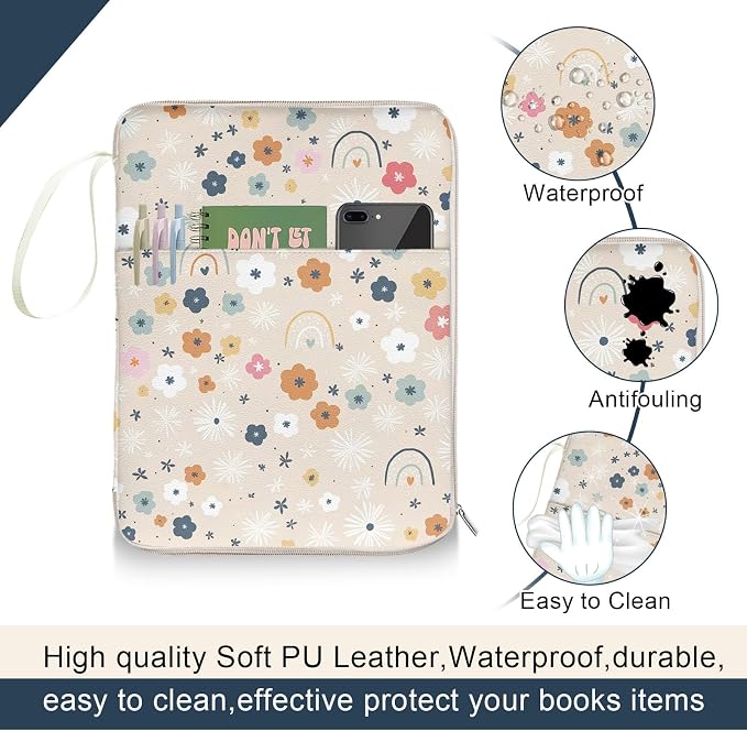 Rainbow Book Sleeve Pouch with Zipper, Paperback Book Protector Case,PU Leather Waterproof Book Pouch,Cute Floral Print Travel Book Carrying Case for Book Lovers Women,Book Cover for Hardcover