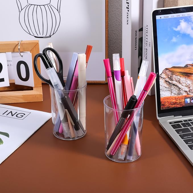 2 PCS Round Acrylic Pen Holder, Cylinder Container Organizer, Pencil Holders, Clear Round Makeup Brush Holder, Desk Accessories for Cosmetics, Toothbrush, Crayons, Utensils
