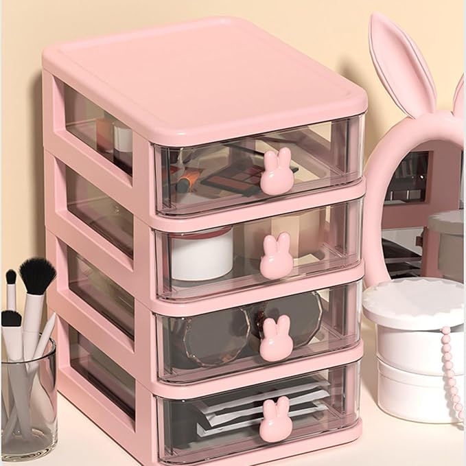 ZJchao Plastic Drawers Organizer Plastic Storage Drawer Desk Drawer Organizer Multi Tier Large Capacity Transparent with Bunny Handle for Office Supplies Books Pens (Pink, 2 Tier(13.4x17x11cm))