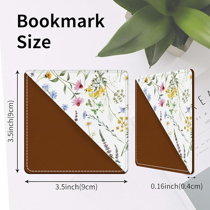 Cute Leather Bookmarks, Fun Triangle Making Corner Bookmark, Book Accessories for Reading Book Lovers, Unbreakable Page Markers for Women Men Beautiful Flowers and Plants