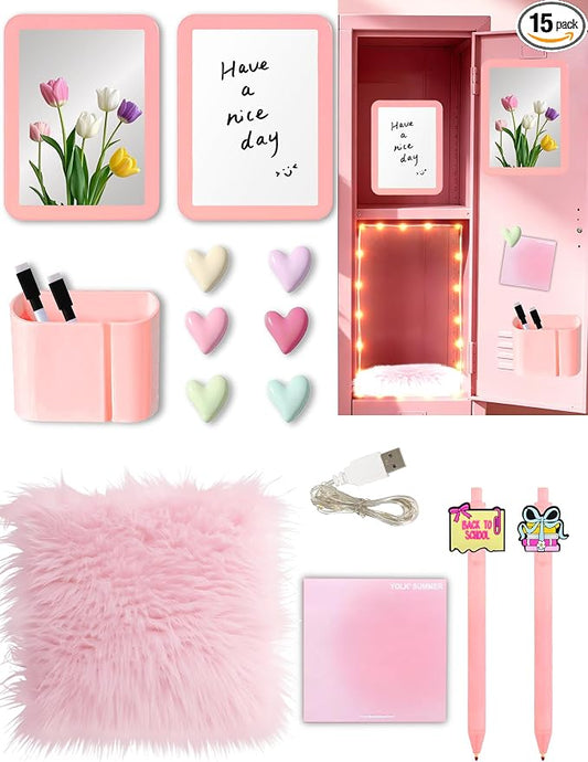 16 PCS Locker Accessories Kit for Girls with Locker Mirror Magnetic Whiteboard Rug Magnets String Lights Sticky Notes Locker Organizer & Decor for School Work, Back to School Essentials-Coral Pink