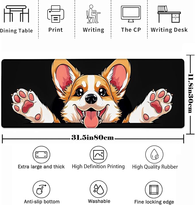 Cute Dog Mouse Pad，Corgi Black Gaming Keyboard Mat，Laptop Computer Protector with Non-Slip Rubber Base，Large Extended MousePads Gifts for Desk Office Home，Deskmat Decor 31.5" x 11.8"