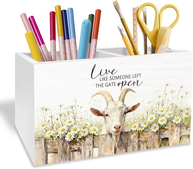 Rustic Daisy Floral Goat Pen Holder for Desk, Gifts for Goat Lovers Pencil Organizer, Live Like Someone Left the Gate Open Wooden Box Sign Desk Decor for Home Office Decoration