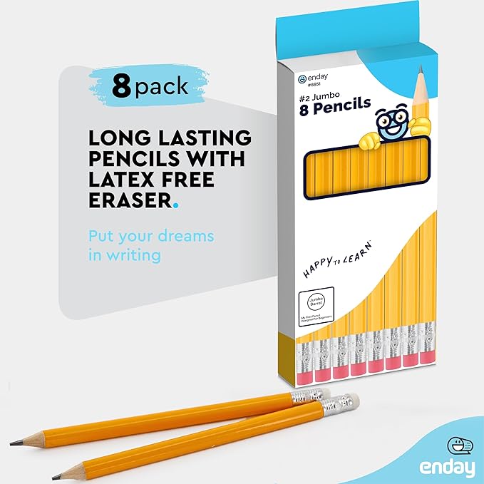 Emraw Enday Jumbo Pencils For Preschoolers (8 Pack) No 2 for Kids, Kindergarten School Supplies, Fat Pre-Sharpened Round Pencil with Eraser Top, Thick Pencils for kids ages 4-8
