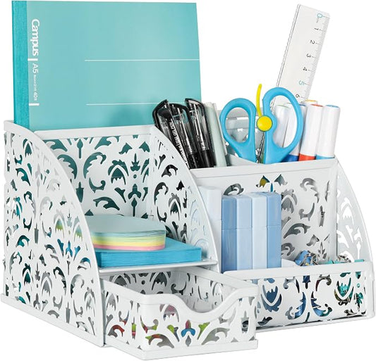 EasyPAG Desk Organizer and Pen Holder for Desk, Mesh Office Supplies Storage Caddy with Drawer for Small Space, Desktop Organizer for Home Office, White