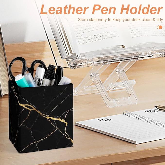 Pen Holder Stand For Desk, Pencil Pen Holder Cup, Desktop Stationery Organizer, Waterproof Multifunctional Office Supplies Black Marble Gold Texture