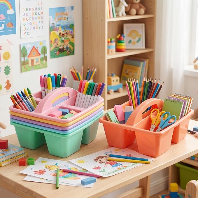 Lineshading 12 Pack Plastic Classroom Caddy - 4 Compartment Organizer Boho Color Table Caddy with Handles for School Home Office Supplies (Yellow,Green,Blue,Pink,Red,Orange)