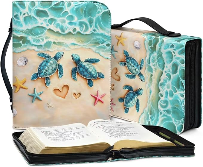 Beach Turtle Printbible Cover for Men Women Starfish Print Christian Bible Case with Handle Carrying Book Case Protector Zipper and Pockets for Bible Bag Size：M