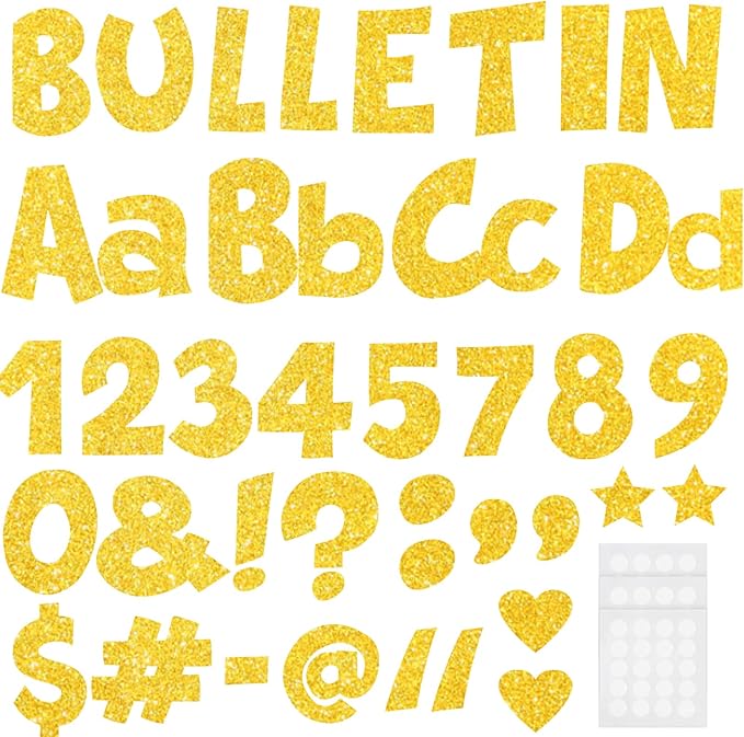 233Pcs Glitter Bulletin Board Letters, Numbers and Punctuation, with Adhesive Dots, for Classroom Numbers Alphabet Poster Board Letters Display School Decoration (Gold)