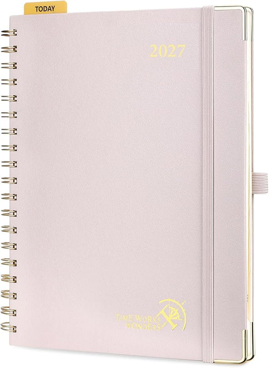 POPRUN 2027 Planner Daily Weekly and Monthly Calendar with Hourly Schedule, Monthly Tabs(Large Size 10'' x 8'' Wire-Bound Hard Cover) - Agenda 2027 (Jan.2027-Dec.2027) - Light Pink