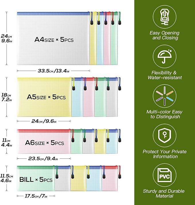 Mesh Zipper Pouch, 20PCS Waterproof Zipper Bags 4 Sizes 5 Colors Document Folders for School Supplies, Office Appliances, Home Organize and Travel Storage