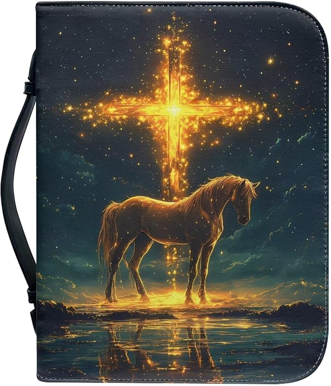 Bible Covers for Women Horse Gold Cross PU Leather Bible Case with Handle Waterproof Bible Protector Lightweight Bible Tote Bag for Man
