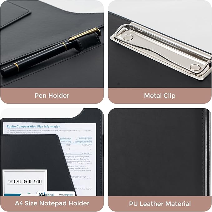 ProCase Clipboard Folder Portfolio, A4 Leather Padfolio Clipboard, Professional Business Portfolio Folder for Interview Resume Office Conference -Black