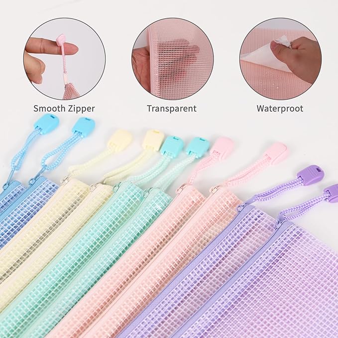 10 Pcs A6 Clear Zipper Pouch Bags - 5 Colors Plastic Mesh Storage Organizers for School Supplies, Office Travel Accessories & Classroom Organization (A6)