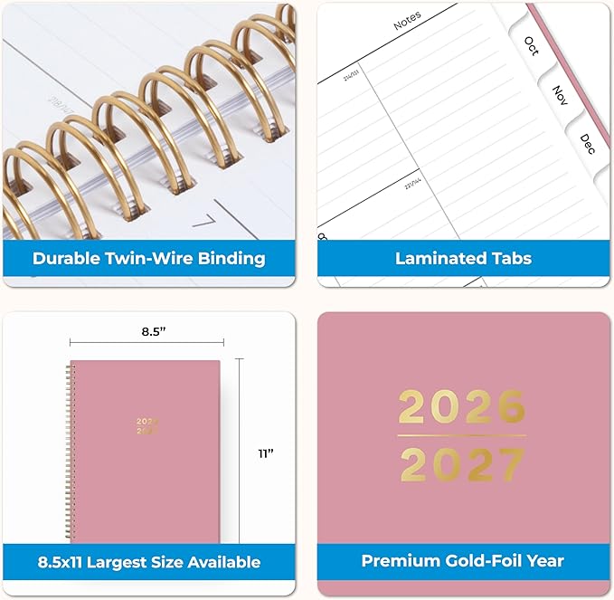 Blue Sky 17 Month 2026-2027 Weekly and Monthly Academic Year Planner Calendar, August 2026 - December 2027, 8.5" x 11", Flexible Cover, Wirebound, Laminated Tabs, Dusty Rose