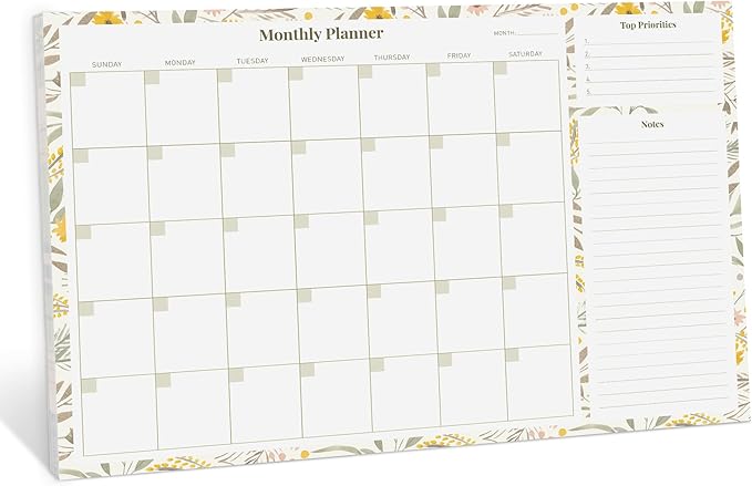 Rileys Monthly Planner Desk Pad, Undated Planner Calendar with 52 Tearaway Sheets, Wide To Do Planner Notepad with Top Priorities and Notes Sections, Printed Border, 16.5 x 11.4" (Floral Yellow)
