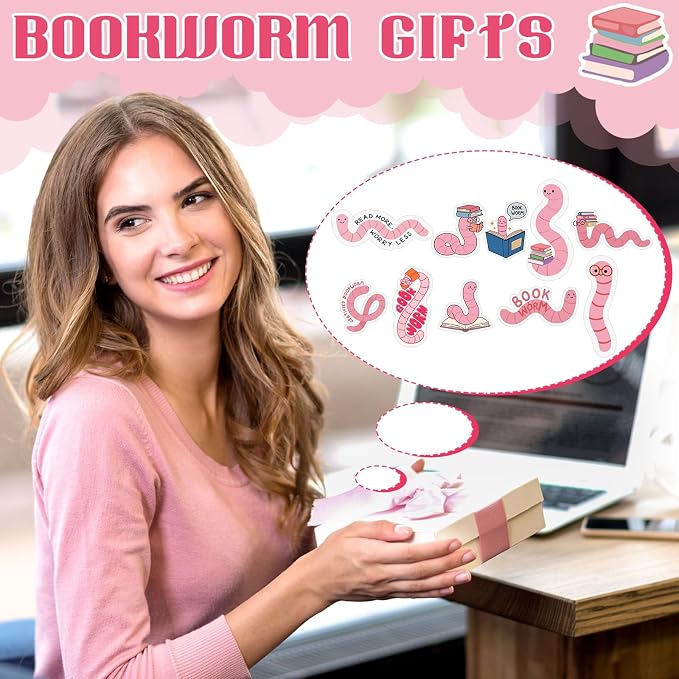 Ctosree 100 Pcs Pink Worm Bookmarks Bulk Cute Glitter Gummy Holographic Book Worm Bookmark for Book Lovers Bookworm Fun Readers Adults Teacher Funny Gift Bookish Party Favors