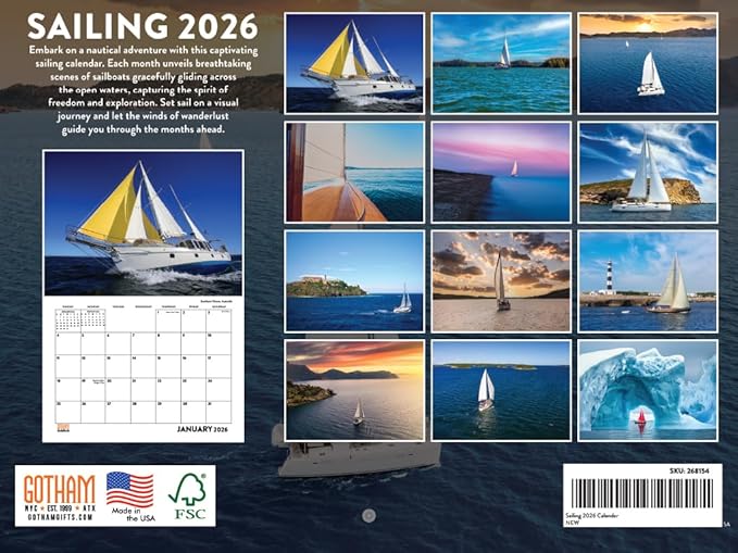 Sailing Calendar 2026 Sailboat Monthly Wall Calender 12 Month | American Made In The USA