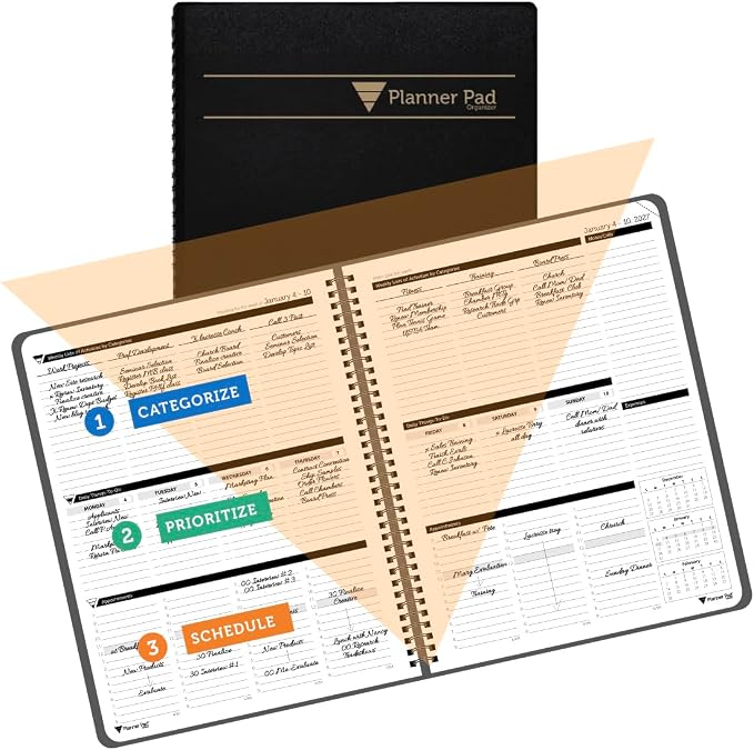 Planner Pad Spiral Bound January-December 2027/ Calender Year 8 1/2" x 11" Large 3-Tier Funnel Down 12 Month Organizer, Black Cover/Black Ink