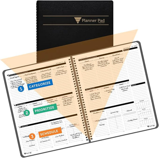 Planner Pad Spiral Bound January-December 2027/ Calender Year 8 1/2" x 11" Large 3-Tier Funnel Down 12 Month Organizer, Black Cover/Black Ink