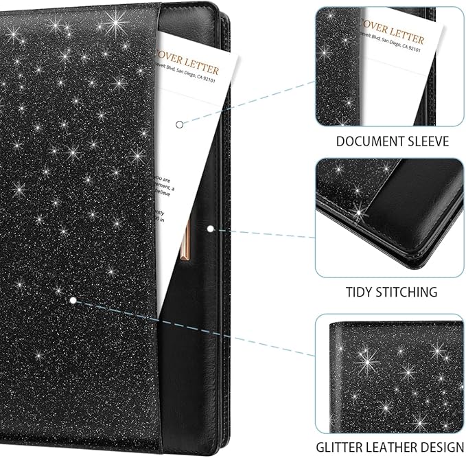 Glitter Padfolio/Resume Portfolio Folder for Women Men, WAVEYU Cute Chic Padfolio Cover Folder, Conference/Legal Document Organizer with Letter/A4 Size Clipboard, Document Sleeve, Black