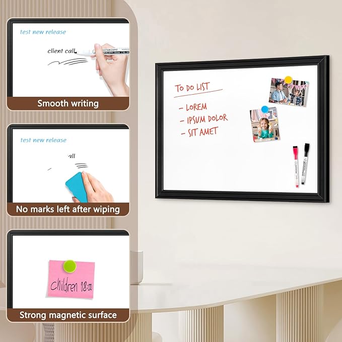 DOLLAR BOSS Magnetic Whiteboard for Wall 36" x 24" Vintage Wood Framed White Board Decorative Dry Erase Board for Home Office Shop Decor Display with 4 Markers, 8 Magnets, 1 Eraser, Black