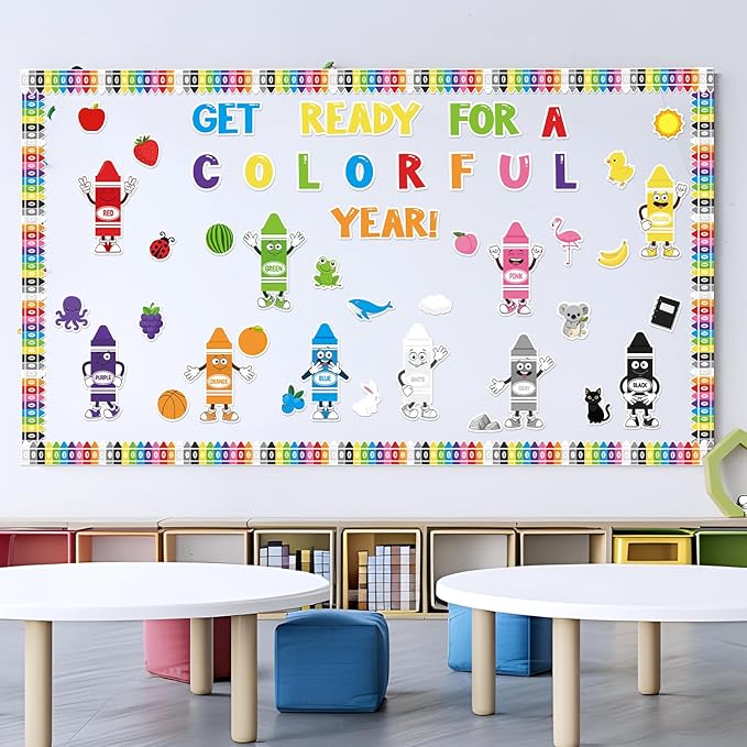 117Pcs Back to School Color Bulletin Board Set, Color Crayon Poster Cutouts Colorful Crayon Border Trim Classroom Decoration Toddler Preschool Learning Supplies for Chalkboard Wall Decor