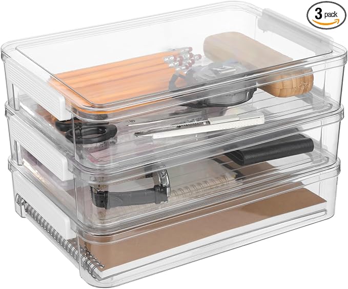 ZALIR 3PCS Plastic Storage Bins with Lids, Portable Stackable Clear File Box, Art Supply Storage Organizer, File Document Storage Boxes with Latches for Organizing A4 Paper, Letters and Crafts