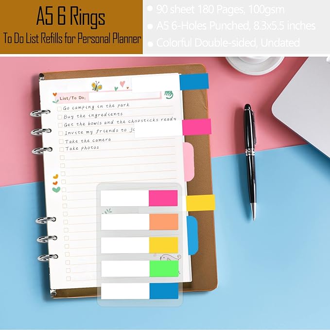 Rancco A5 Planner Inserts to Do List, 90 Pages Colorful 6-Ring Loose-leaf Planner Refills w/Binder Divider, Zipper Pouch, Ruler, Index Tab for Personal Journal, Filofax, Double-sided,Undated,5.5×8.3"