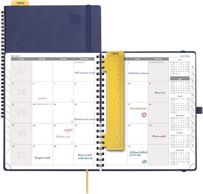 POPRUN 2026-2027 Monthly Planner, Large 8.5" x 10.5", 18 Month Calendar (July 2026 to December 2027) with Expense Tracker, Notes Pages, Sprial Bound, Leather Softcover - Navy Blue