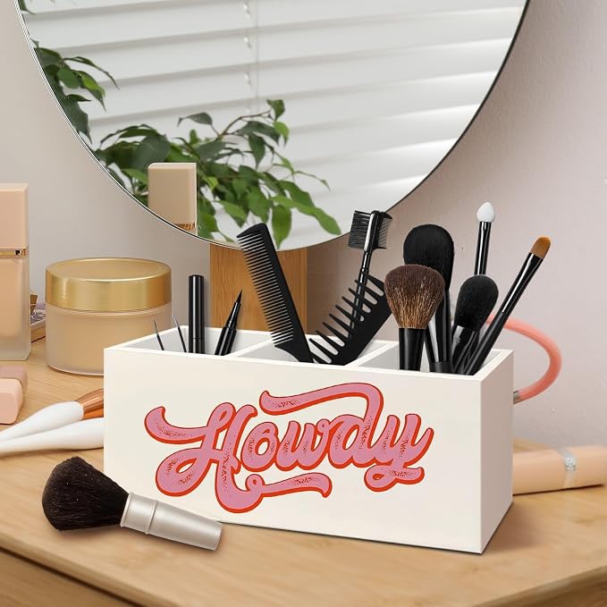 Pink Western Howdy Wooden Pen Pencil Holder for Desk Accessories, Western Office Decor, Cowgirl Gifts for Women Wood Makeup Brush Toothbrush Holder Organizer for Vanity Bathroom