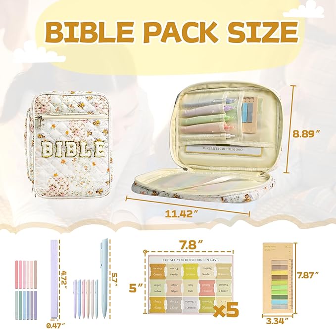 Bible Cover Case for Women Large Chenille Letter Bible Bag with Handle Quilted Bible Carrying Case for Girls Bible Study Supplies Accessories (Spliced Flower)
