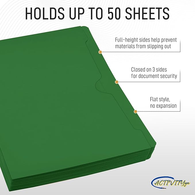 Green File Jackets, Flat-No Expansion, Letter Size, Reinforced Straight-Cut Tab, 10 Pack