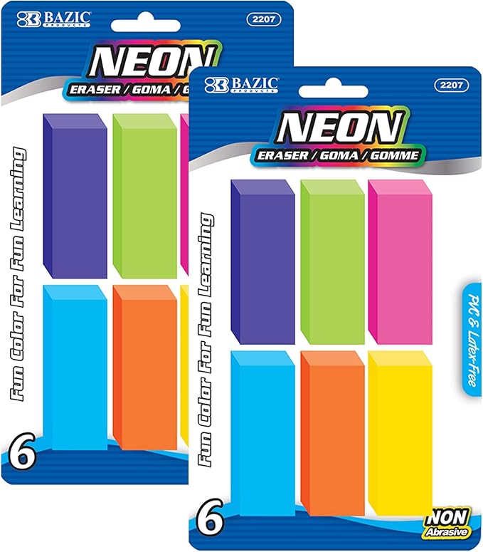 BAZIC Products Erasers, Neon Bevel Eraser, Latex Free, Large Size Block Erasers for Art Drawing School Office Teachers (6/Pack), 2-Packs