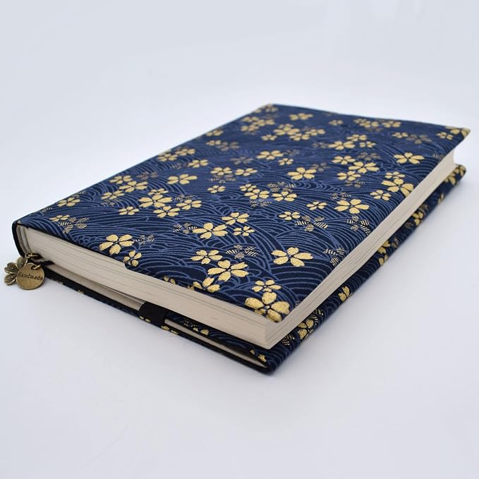 BLBMH A5 Book Cover for Paperbacks | Non-Stretch Fabric Notebook Cover Protector Fit for 5.5x8.3 inch Journal Bible Hardcover Softcover Novels Small Gift for Women - Blue Sakura