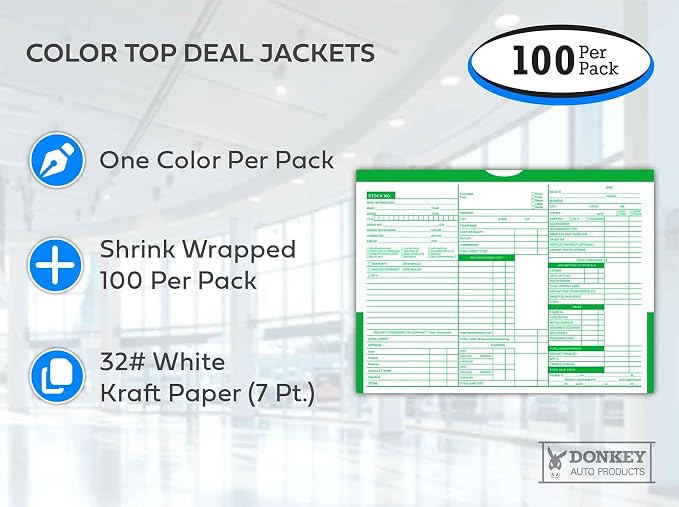 Printed Color Top Detailed Deal Jackets (100 per pack) - Vehicle Dealer Envelopes (Green)