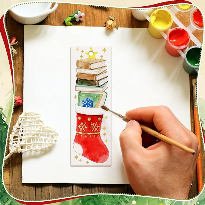 Sinmoe 120 Pcs Christmas DIY Color Your Own Bookmarks 6 Styles Watercolor Bookmarks to Paint Card Stock Paper Watercolor Colorful Tassels Craft for Classroom Projects Gifts Tags 5.9 x 2 Inch(Santa)