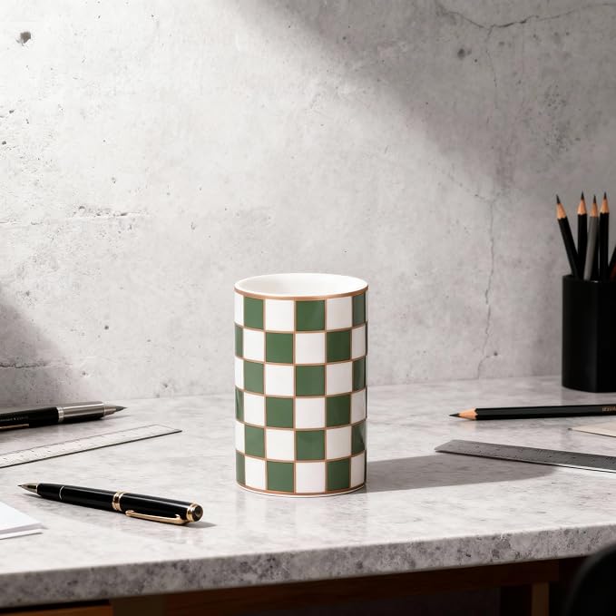 Ceramic Checkered Pen Holder For Desk,Cute Stand Black And White Pencil Cup,Durable Ceramic Pencil Cup, Decorative Makeup Brush Holder Cup, Stationery Holder for Office, School, Home (Green)