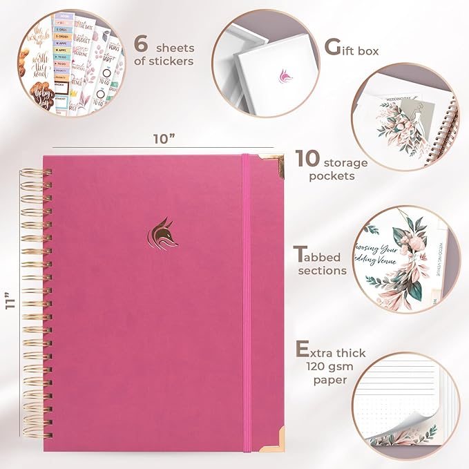 Clever Fox Wedding Planner – Notebook Organizer for Bride – Wedding Planning Binder Book with Pockets – Engagements Gift, 10x11″ (Violet Blossom)