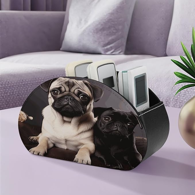 Pug Dogs Remote Control Organizer PU Leather Storage 5 Compartment Controller Holder Multi-functional Brush Organizer Box Office Supplies Caddy for Bedside