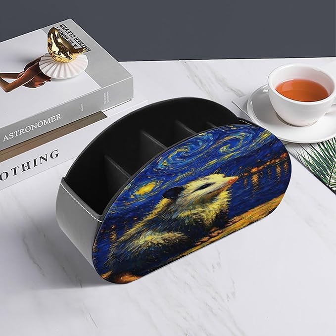 Opossum Starry Night Remote Control Holder with 5 Compartment PU Leather Multi Functional Desk Storage for TV Remotes Office Supplies