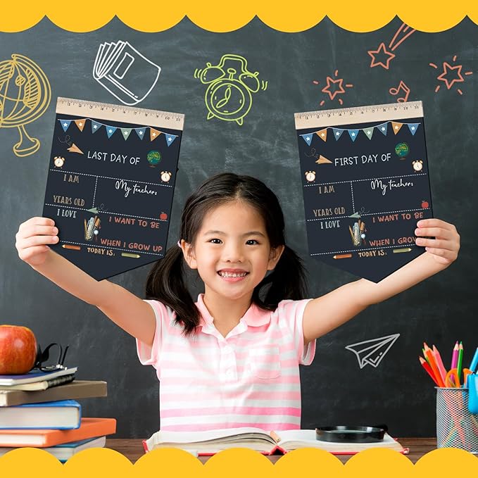 First and Last Day of School Chalkboard Rainbow First Day of School Sign 13.8 x 10 Inch Reusable Double Sided Sign for Graduation Kids Preschool Kindergarten(Pencil Style)