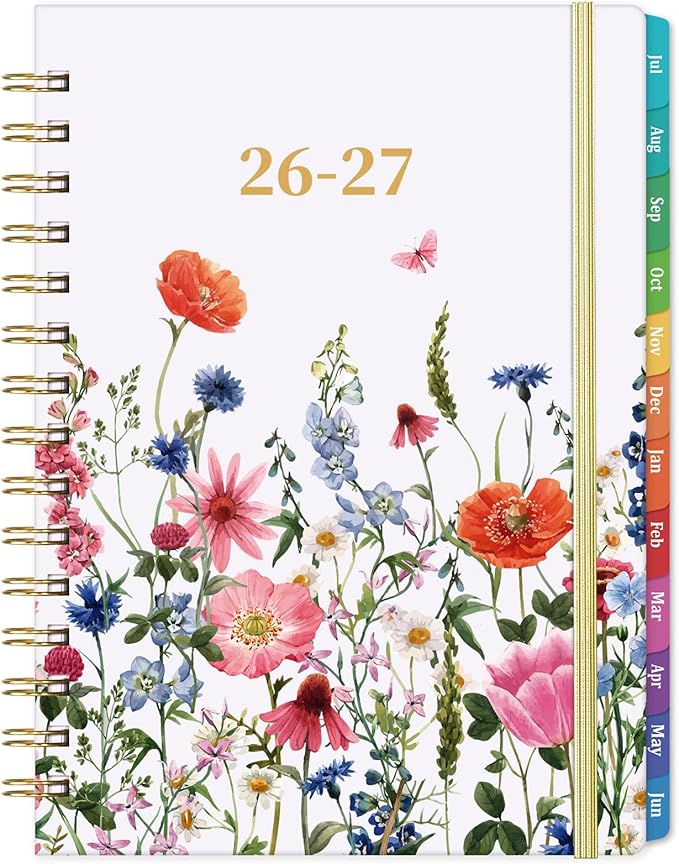 Planner 2026-2027 - Jul. 2026 - Jun. 2027, Academic Planner 2026-2027, 26-27 Planners Weekly and Monthly with Colorful Tabs, 6.3" x 8.4", Hardcover with Back Pocket + Thick Paper + Twin-Wire Binding - Flowers