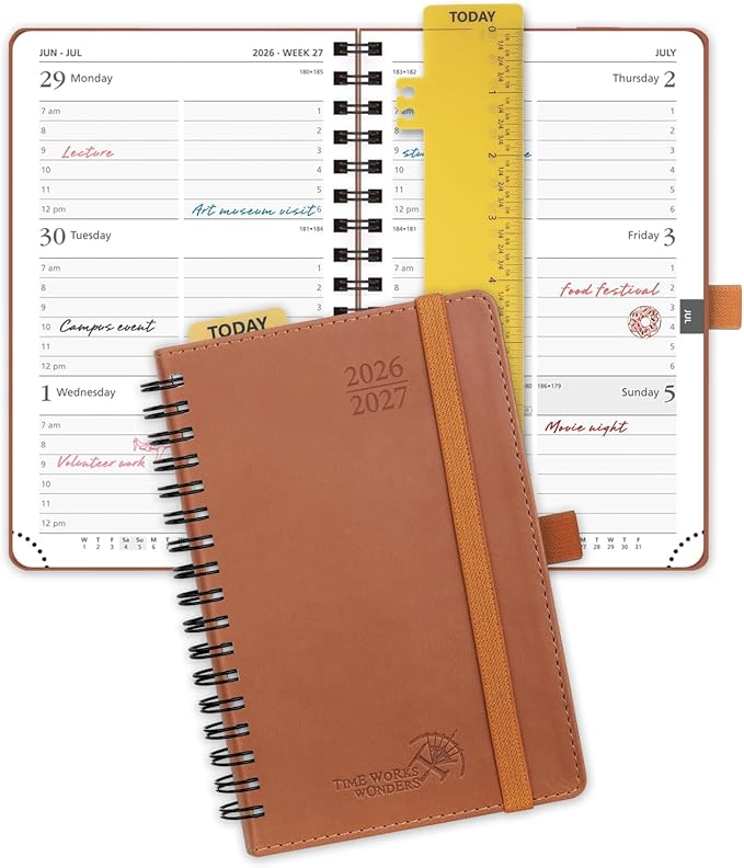 POPRUN Pocket Planner 2026-2027 (Purse Size 4'' x 6.25'') Academic Small Calendar (July 2026 - June 2027) with Hourly Time Slots, 100GSM Thick Papers, Spiral Leather Cover - Brown