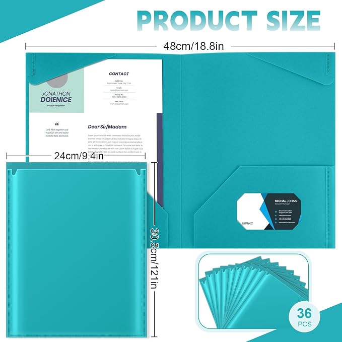 Henoyso 36 Pack Turquoise Plastic Folders with Clear Front Pockets Heavy Duty File Folders with 2 Pockets and Card Slot for Student Communication School Office Presentation Report