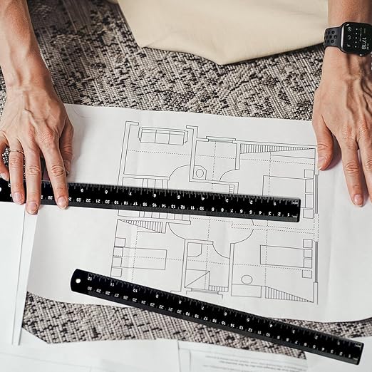 Metal Ruler 12 inch, Aluminum Rule with Metric and Imperial Measurement, 30 cm Long Straight Ruler with Inch and MM Conversion Table for Students and Office Supplies, 2 Pack